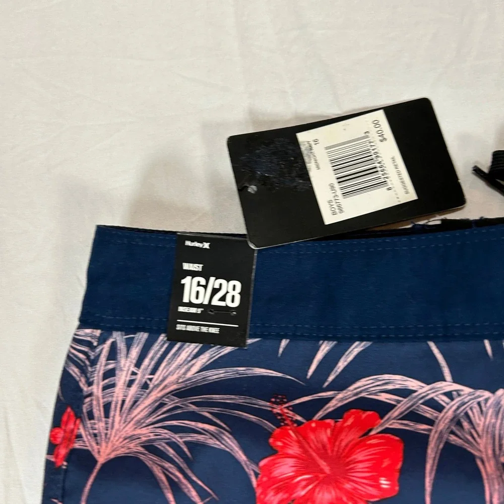 Hurley Boys Board Shorts Midnight Navy Floral Striped Swim‎ Trunks Size 16 28W